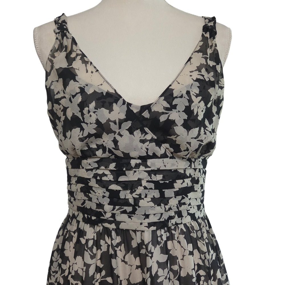 Ann Taylor Silk Floral Midi Dress Black Cream Pleated Waist Knot Strap Womens 6 - Picture 4 of 8